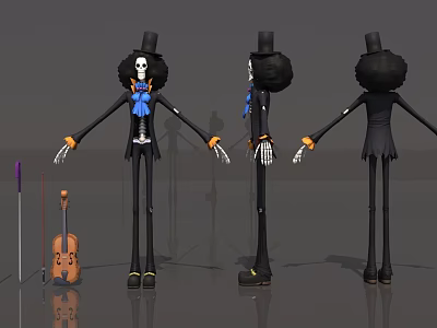 3D Skeleton Game Movie Character With Top Hat Black Coat Blue Bow Tie Violin And Baton 3d model