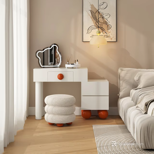 White Dressing Table With Orange Accents Round Stool In Bedroom Decorative Painting And Table Lamp 3d model 