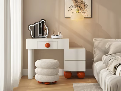 White Dressing Table With Orange Accents Round Stool In Bedroom Decorative Painting And Table Lamp 3d model