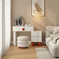 White Dressing Table With Orange Accents Round Stool In Bedroom Decorative Painting And Table Lamp