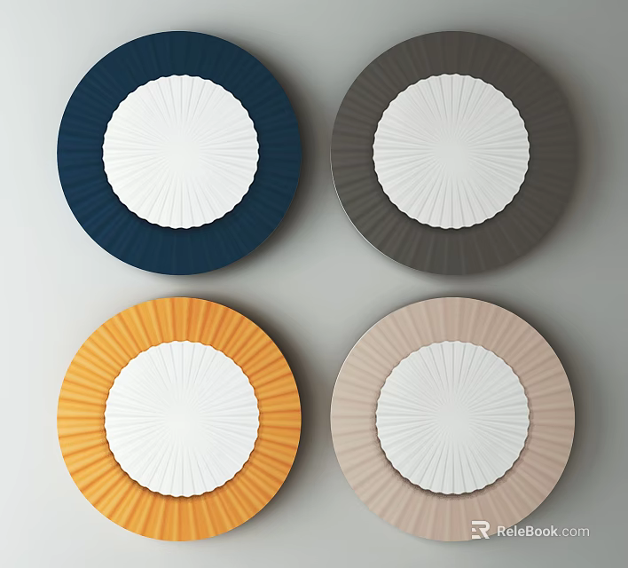 Round Framed Wall Art With Navy Dark Gray Orange Beige Frames And White Fan Design 3d model 