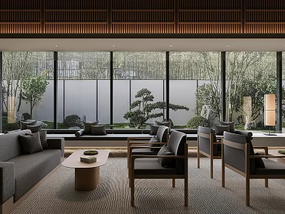 Serene Lounge Area Interior With Gray Sofa Wooden Chairs And Large Windows Overlooking Green Garden 3d model