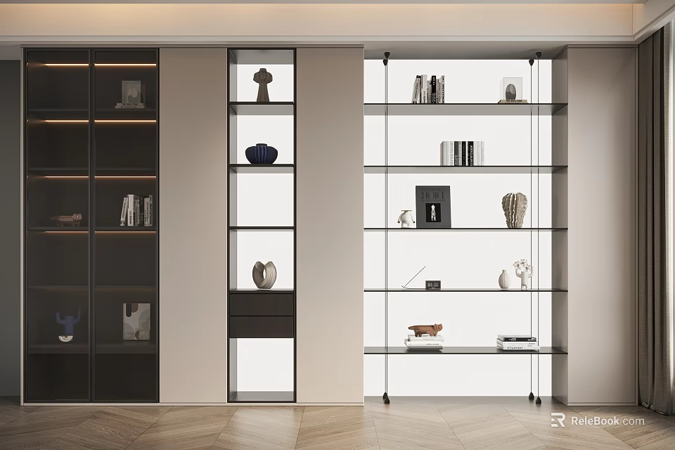 Modern Glass Bookcase Design With Open Shelves Decorative Items And Books 3d model 