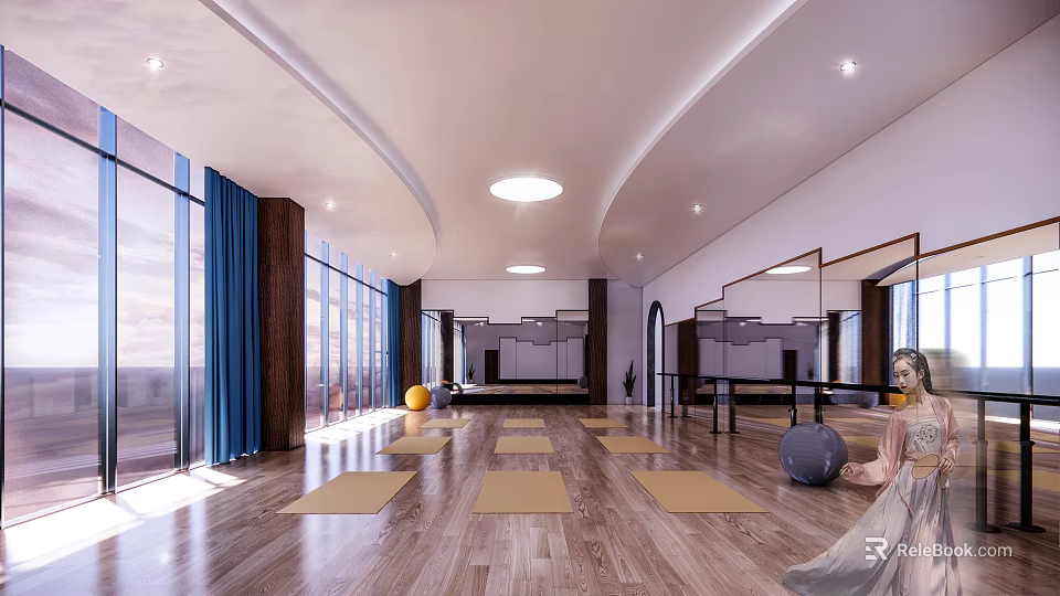 Recreation Room Interior With Wooden Floor Large Windows Blue Curtains Yellow Yoga Mats And Mirrors 3d model 
