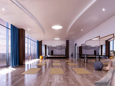 Recreation Room Interior With Wooden Floor Large Windows Blue Curtains Yellow Yoga Mats And Mirrors 3d model