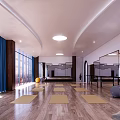 Recreation Room Interior With Wooden Floor Large Windows Blue Curtains Yellow Yoga Mats And Mirrors