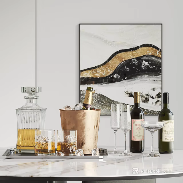 Wine Bottles And Glasses With Copper Ice Bucket Ice Cubes On Tray And Abstract Painting 3d model 