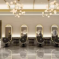Modern Hair Beauty Salon Interior With Arched Wooden Decor Round Mirrors Chandeliers And Hairdressing Chairs