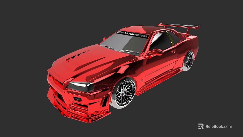 Red Modified Sports Car Featuring Large Rear Spoiler And Black Wheels Design 3d model 