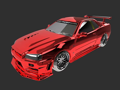 Red Modified Sports Car Featuring Large Rear Spoiler And Black Wheels Design 3d model
