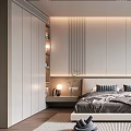 Modern Bedroom Interior Design With Large Bed Minimalist Headboard Hanging Lamps Wooden Floor And Rug