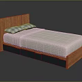 Double Bed With Wooden Headboard Mattress And Blue White Checkered Pillows