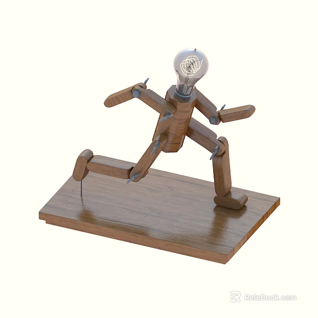 Decorative Ornament Set with Wooden Humanoid Structure and Light Bulb Head on Wooden Base 3d model 