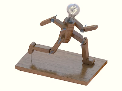 Decorative Ornament Set with Wooden Humanoid Structure and Light Bulb Head on Wooden Base 3d model