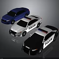 White And Black Police Cars With Blue Vehicle On Gray Background