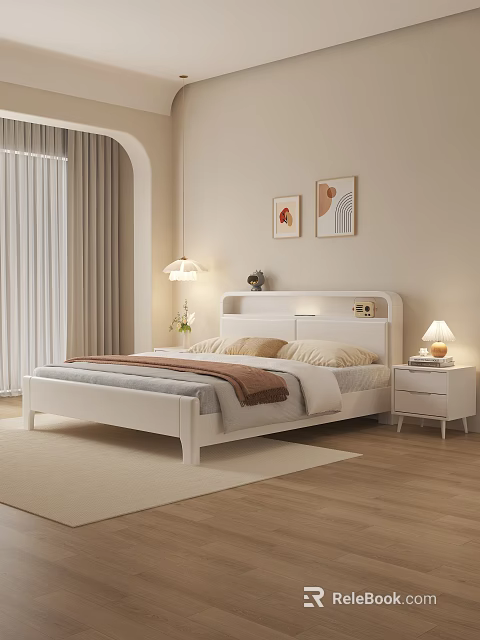 Modern White Double Bed Interior With Nightstand Table Lamp And Wall Art 3d model 