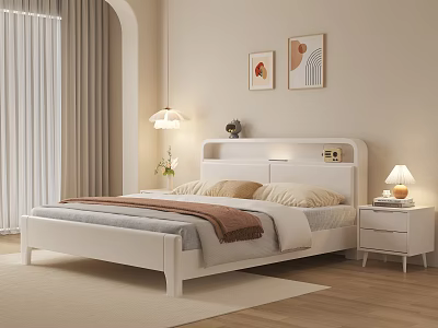 Modern White Double Bed Interior With Nightstand Table Lamp And Wall Art 3d model