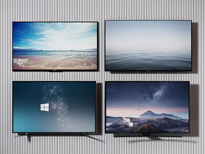 Four Modern TVs Displaying Scenic Ocean Mountain Views And Windows Interface Screens 3d model