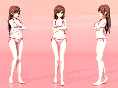 Anime Game Character in Pink Bikini from Three Different Angles 3d model