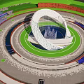 Curved Intricate Textured Landscape Sculpture With Circular Green Lawn Water Feature And Mountain Backdrop