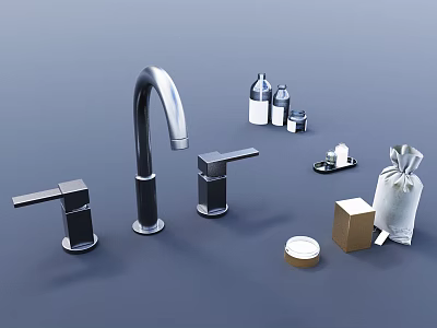 Modern Bathroom Faucet With Toiletry Bottles Small Boxes And Storage Bag 3d model