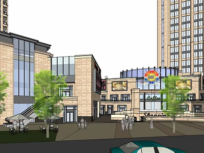 Modern Commercial Street With Pedestrian Area Shops Trees Tall Buildings And Cars 3d model