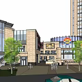 Modern Commercial Street With Pedestrian Area Shops Trees Tall Buildings And Cars