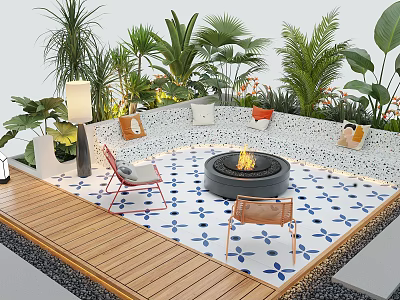 Cozy Courtyard Garden Design With Fire Pit Seating Tropical Plants And Tiled Flooring 3d model