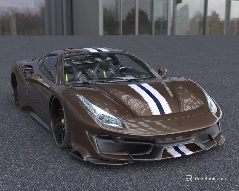 Brown High Performance Sports Car Featuring White Stripes And Streamlined Design Near Modern Building 3d model 