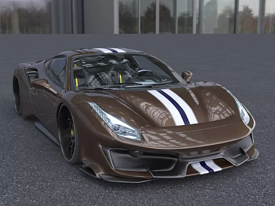 Brown High Performance Sports Car Featuring White Stripes And Streamlined Design Near Modern Building 3d model