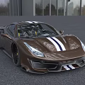 Brown High Performance Sports Car Featuring White Stripes And Streamlined Design Near Modern Building