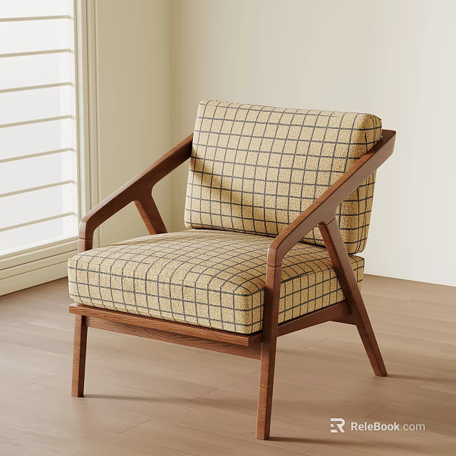 Minimalist Leisure Chair With Wooden Frame And Plaid Pattern Cushioned Seat 3d model 