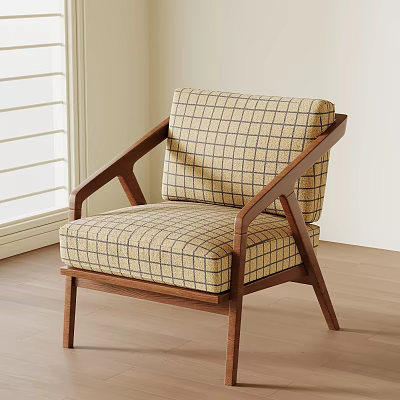 Minimalist Leisure Chair With Wooden Frame And Plaid Pattern Cushioned Seat 3d model