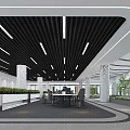 Modern Office Landscape Interior With Curved Ceiling Large Windows Green Plants Circular Seating And Columns