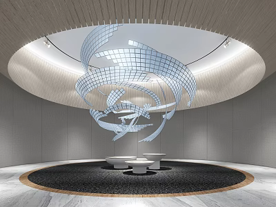 Modern Hotel Lobby with Spiral Art Installation Circular Ceiling Gray Walls and White Seating 3d model