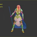 Woman in Golden Armor with White Hair Holding Staff and Blue Cape Standing