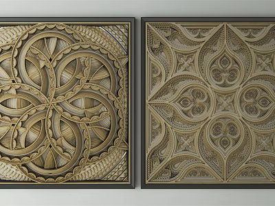 Intricate Carved Decorative Wall Art Panels With Gold Beige Patterns And Dark Frames 3d model