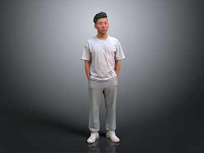 Man Standing Hands in Pockets Wearing White T-Shirt Gray Sweatpants White Sneakers on Gray Background 3d model