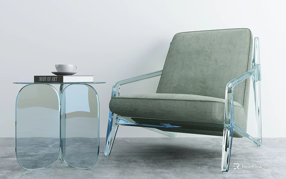 Modern Light Green Single Sofa With Transparent Acrylic Frame And Glass Side Table 3d model
