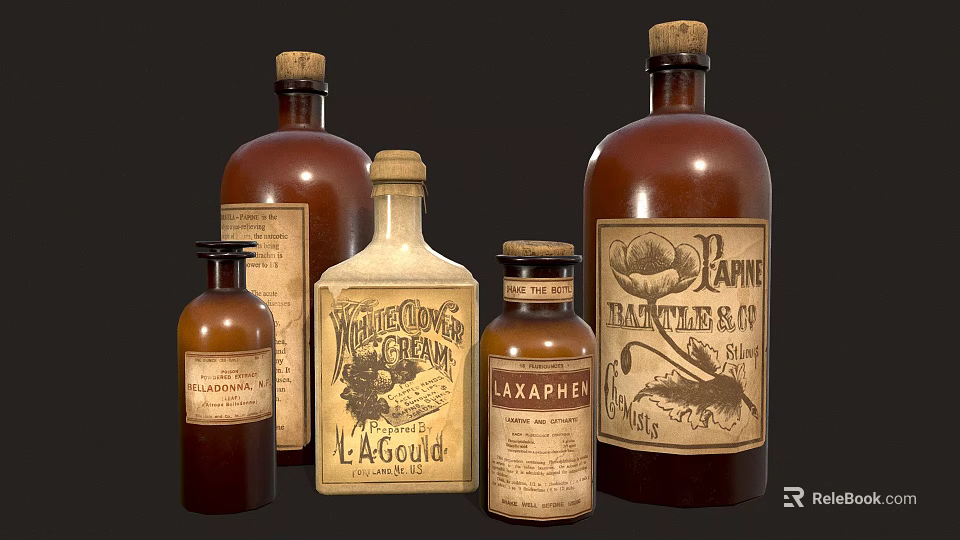 Vintage Medical Bottles With Brown Glass Labels Antique Container Design 3d model 