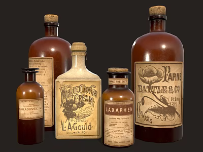 Vintage Medical Bottles With Brown Glass Labels Antique Container Design 3d model