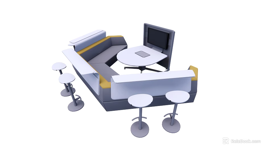 Modern Public Chair Design With Sofa Table And High Stools In Indoor Space 3d model