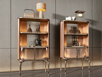 Elegant Modern Sideboards With Glass Doors Metal Frame And Decorative Items On Wooden Wall 3d model