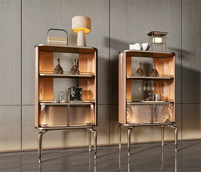 Elegant Modern Sideboards With Glass Doors Metal Frame And Decorative Items On Wooden Wall 3d model