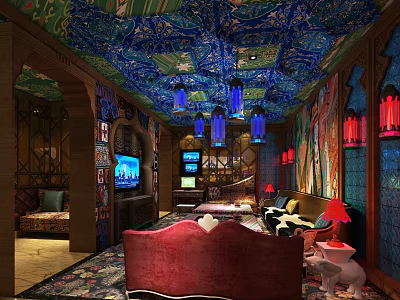 Elegant KTV Interior Design With Ornate Ceiling Colorful Pendant Lights And Comfortable Seating 3d model