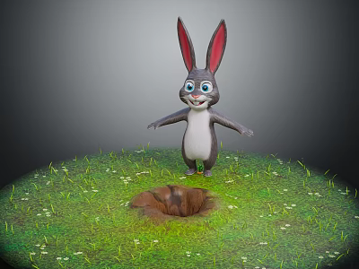 3D Cartoon Rabbit With Long Ears Smiling Standing On Green Grass Near Small Hole 3d model