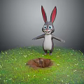 3D Cartoon Rabbit With Long Ears Smiling Standing On Green Grass Near Small Hole