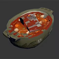Fish Fillet In Green Oval Shaped Casserole With Red Soup Vegetable Chunks And Decorative Leaves