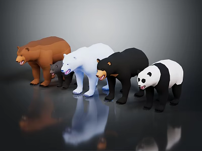 Five Different Colored Bear Figurines Standing Together on Gray Background 3d model