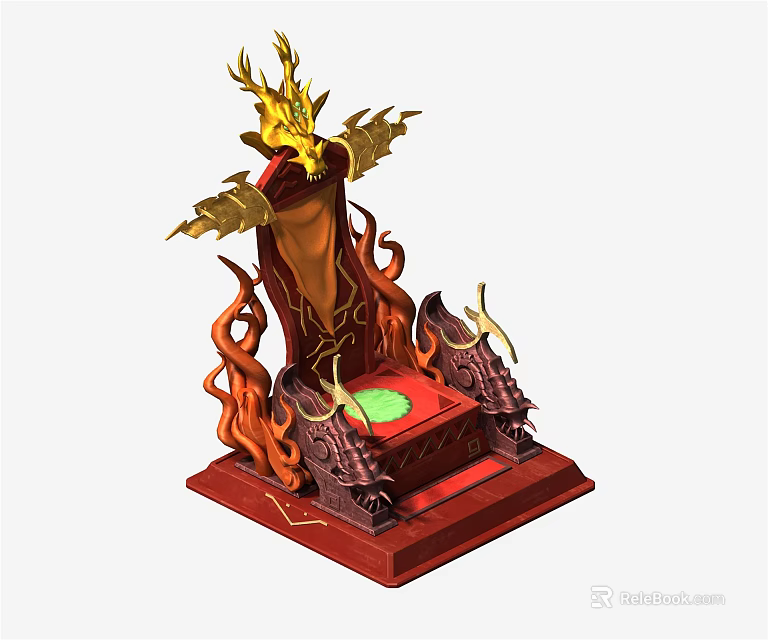 Ornate Dragon Throne Featuring Golden Dragon Head Flames Red Seat and Green Cushion 3d model 